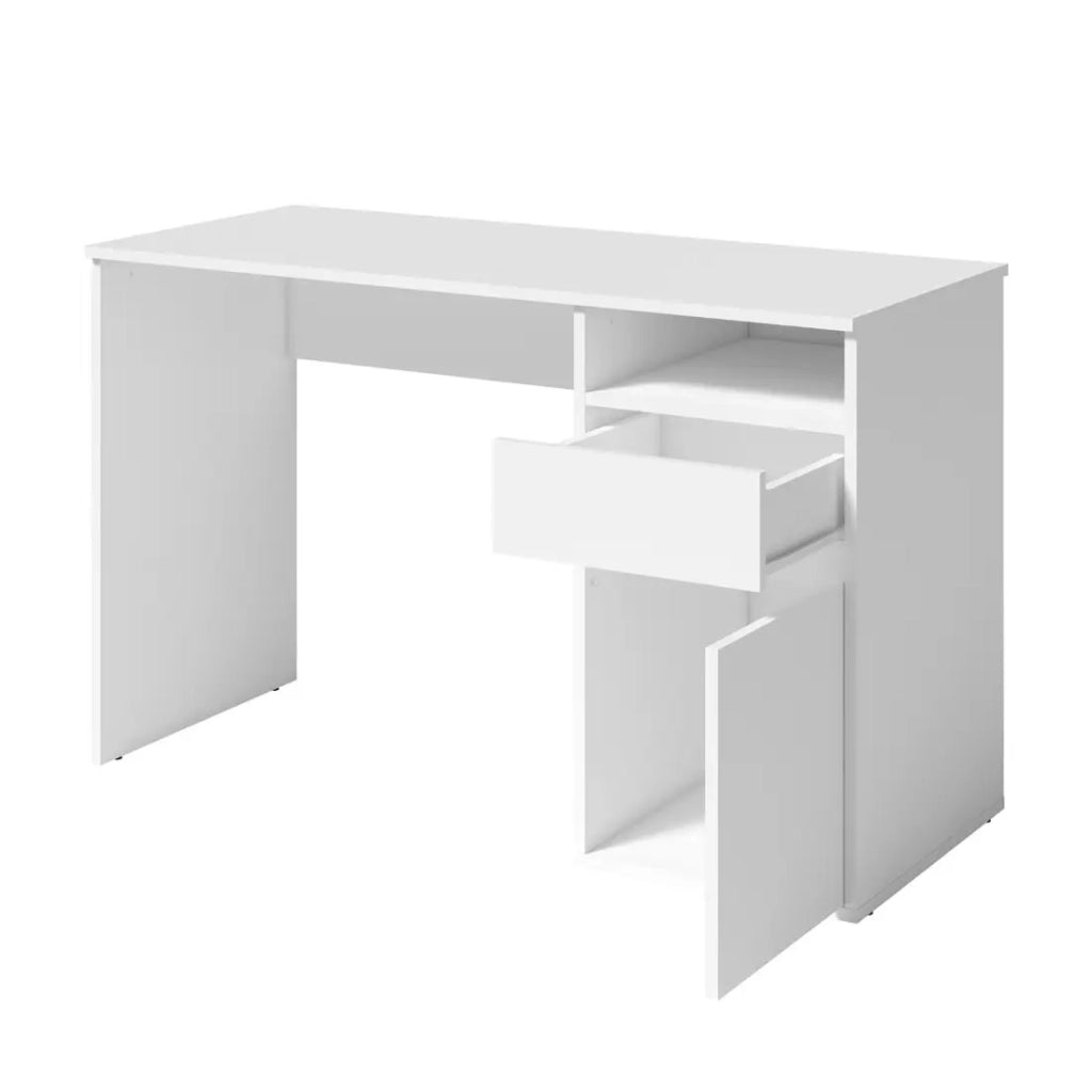 Scrivania BILOU bianca – 1 cassetto, 1 porta e 2 vani – Design pulito e luminoso per camera da bambino