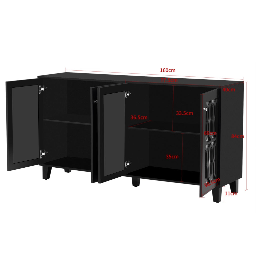 Credenza nera con superficie a specchio; 4 ante e 2 ripiani interni mobili; 160x40x84 cm in MDF
