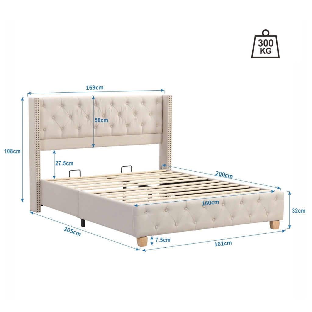 Letto matrimoniale imbottito 160x200 cm in lino beige con testiera capitonné e doghe