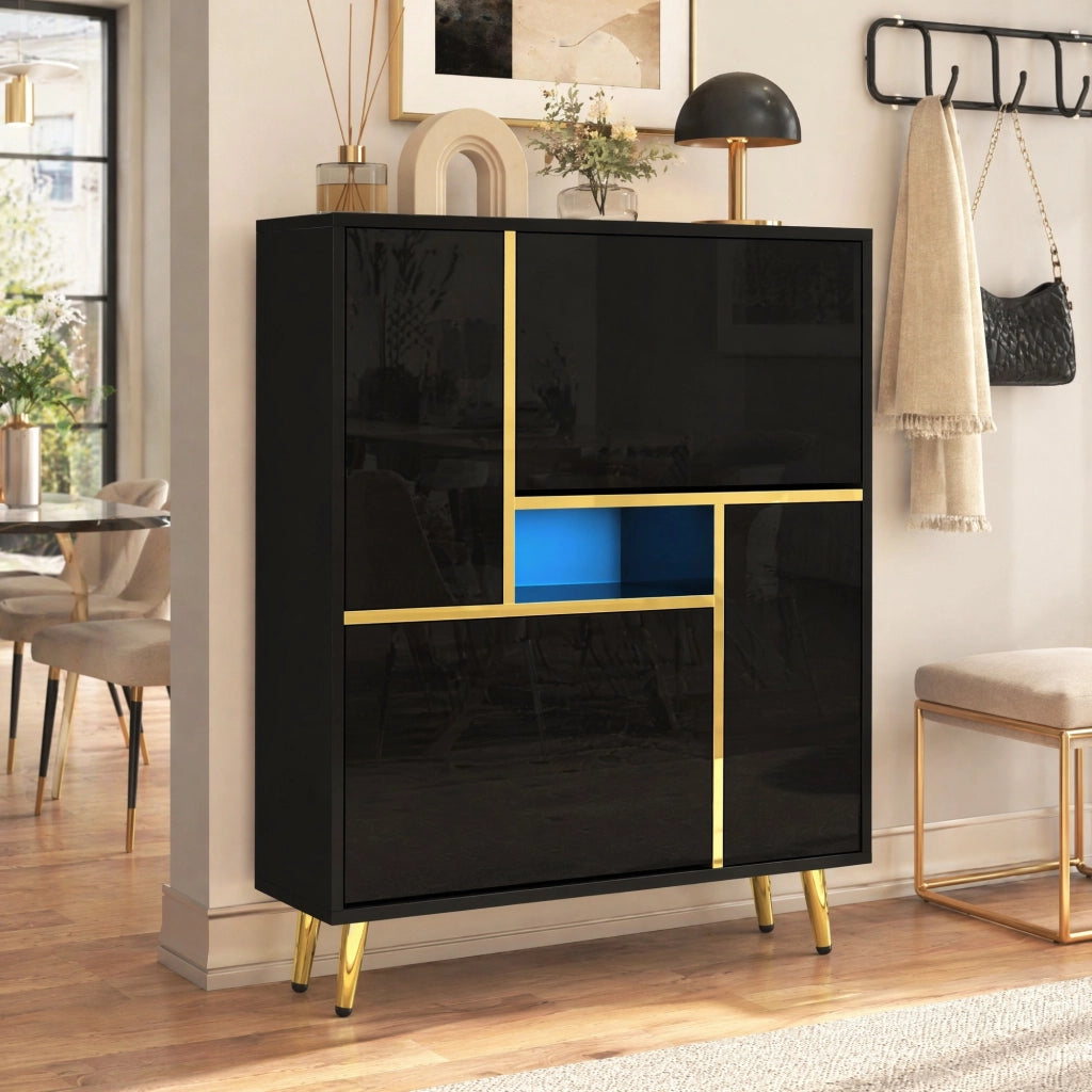 Mobiletto portascarpe nero con LED a 16 colori; frontali lucidi 80x25x96 cm