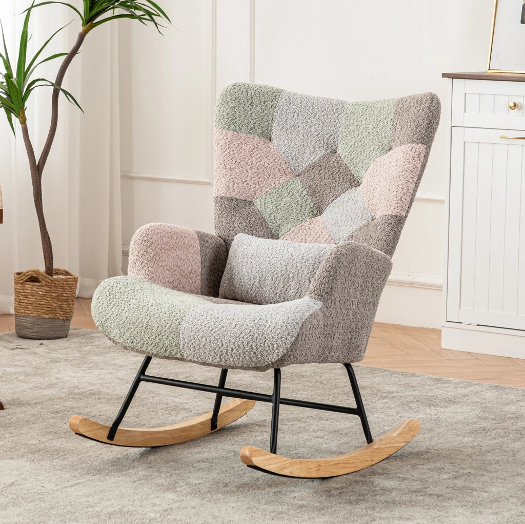 Sedia a dondolo multicolore con poggiapiedi e cuscino lombare, altezza 93 cm
