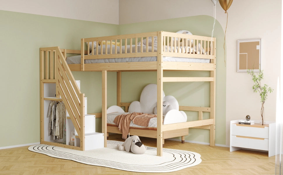 DESMIU Letto a soppalco 2 posti con scala contenitore e sponda alta, 140 × 200 cm, senza materasso
