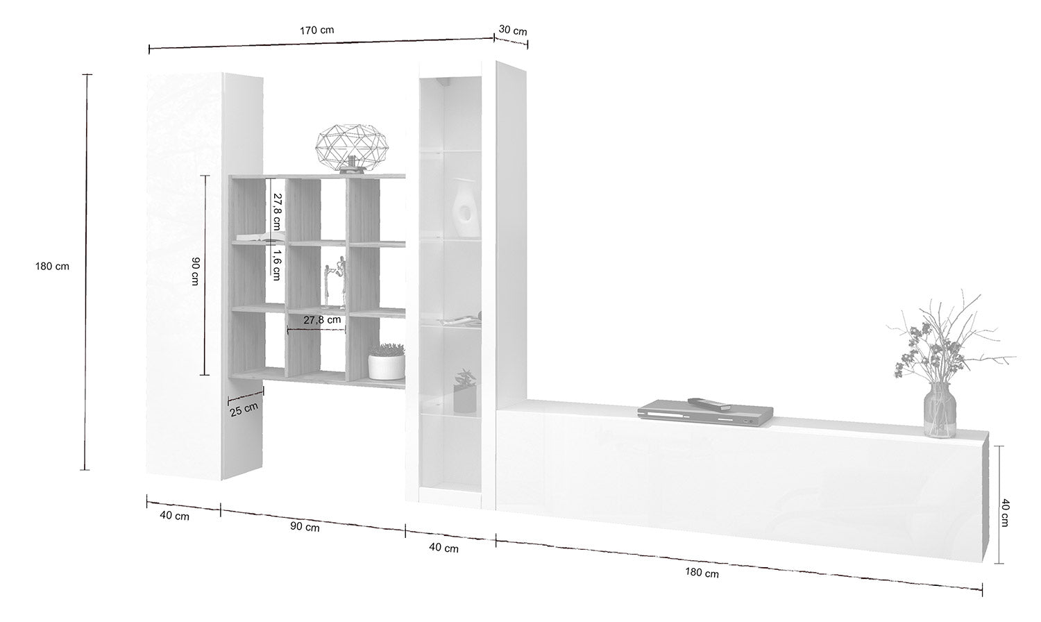 Parete Attrezzata Soggiorno 350x30x180 cm Maruska n°24 Bianco Lucido