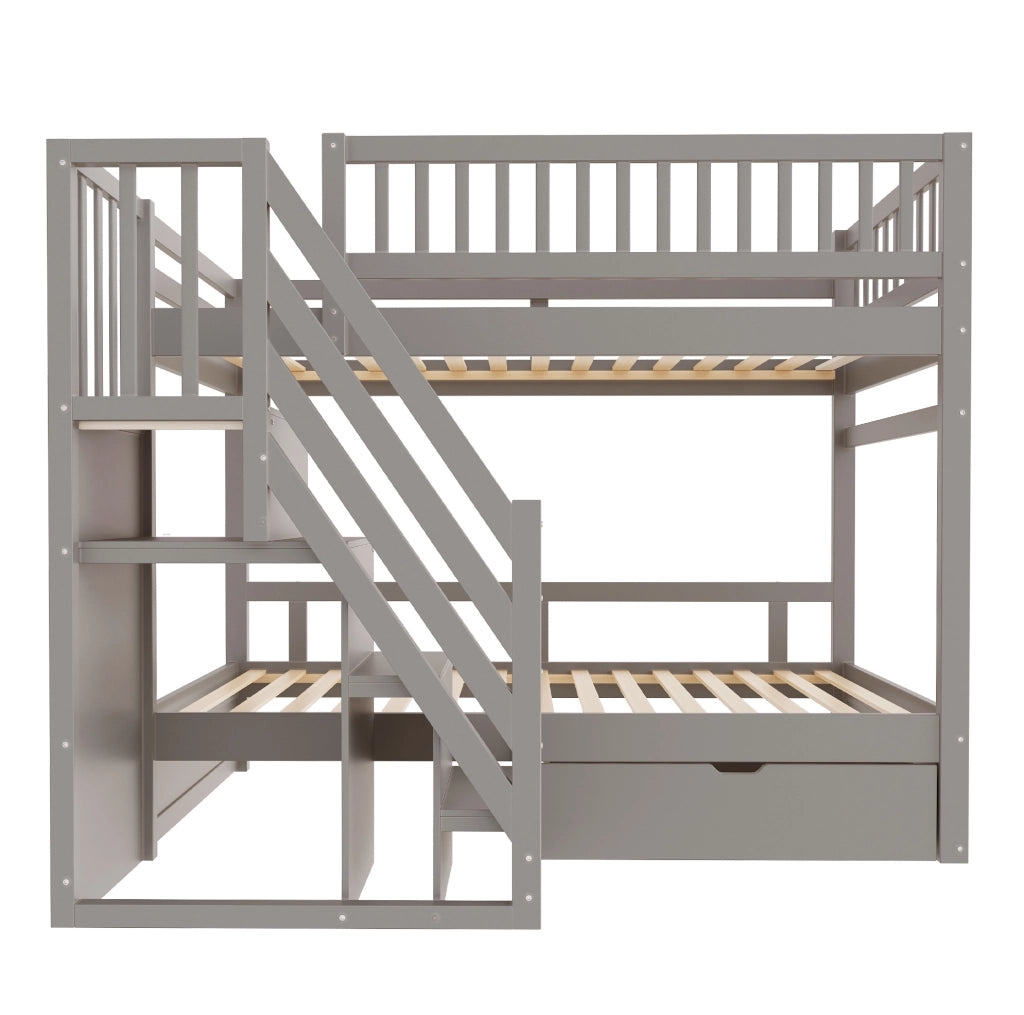 Letto a castello 90x200 cm con scala contenitore; sponde di sicurezza e cassetti in legno grigio
