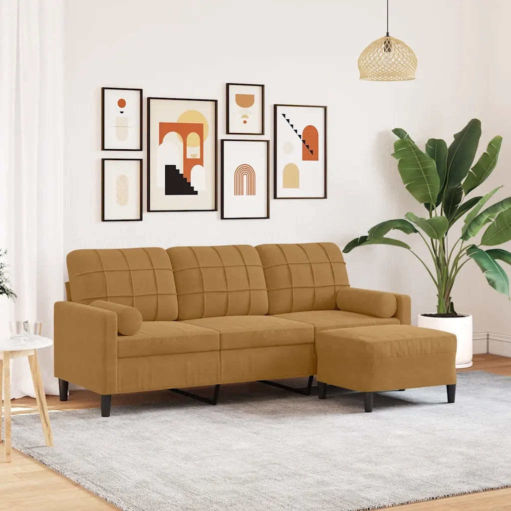 Divano a 3 Posti con Poggiapiedi-Sofa 3 Posti con Poggiapiedi Marrone 180 cm in Velluto 660481