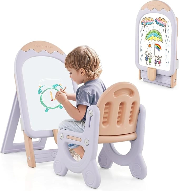 Lavagna Cancellabile con Sedia per Bambini, Set Tavolo e Sedie per Bambini con Scatola Portaoggetti, Piedini Antiscivolo, Cancellino e Pennarelli, Cavalletto per Cameretta (Rosa)