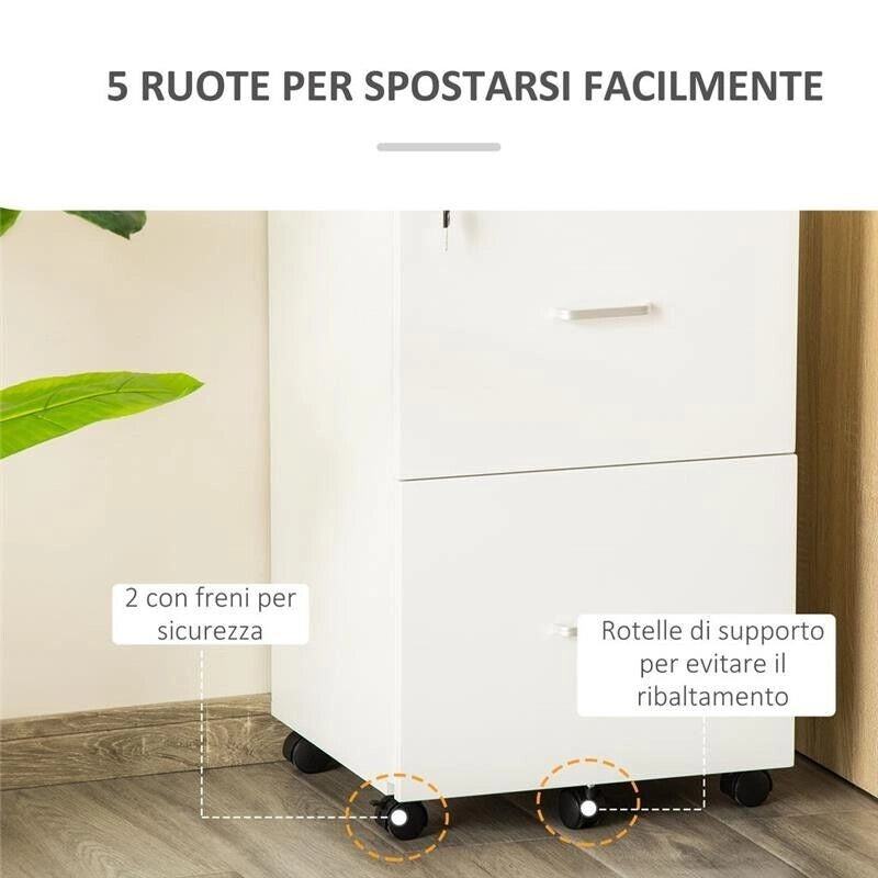 ARMADIETTO DA UFFICIO CON 2 CASSETTI E 5 RUOTE 43 X 45 X 72 CM DI COLORE BIANCO
