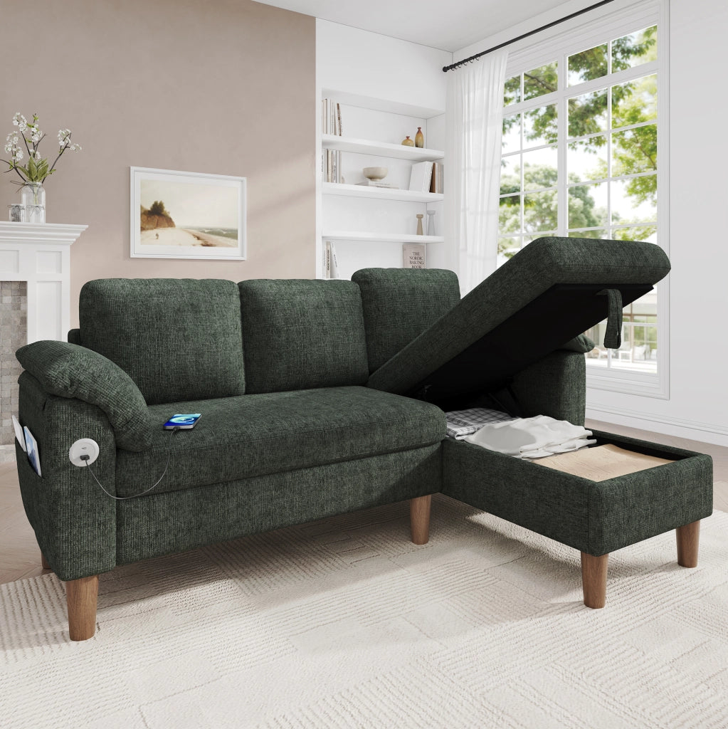 Divano angolare modulare 3 posti con chaise longue reversibile; contenitore; USB e Type-C; ciniglia verde