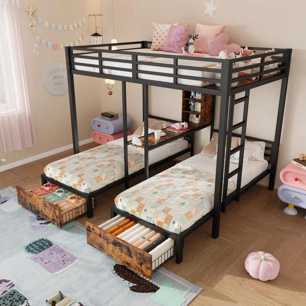 LETTO A CASTELLO 140x200+90x200 cm Nero 3 posti con 2 cassetti