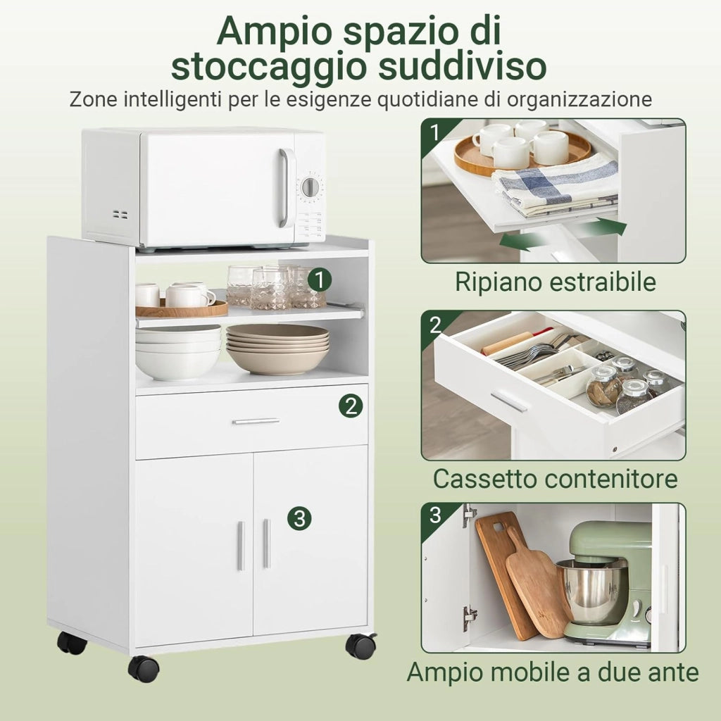 Carrello Cucina con Ruote, Mobile Microonde con Piano Estraibile e Cassetto, Mobile Cucina Salvaspazio per Piccoli Ambienti, Cucina, Coffee Station e Soggiorno, Bianco 59×40×92 cm FSB09-W