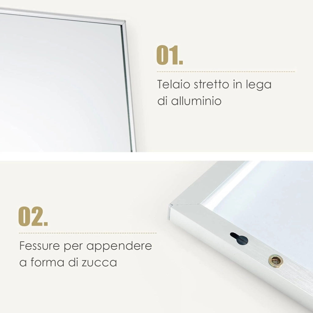Specchio da Parete Lungo, Specchio da Terra Appendere con Cornice in Lega di Alluminio e Ganci, Per Camera da Letto e Soggiorno, 120 x 37 cm (Argento)