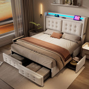 Letto 140x200 cm con LED; USB Type-C; 4 cassetti e rete a doghe; Beige