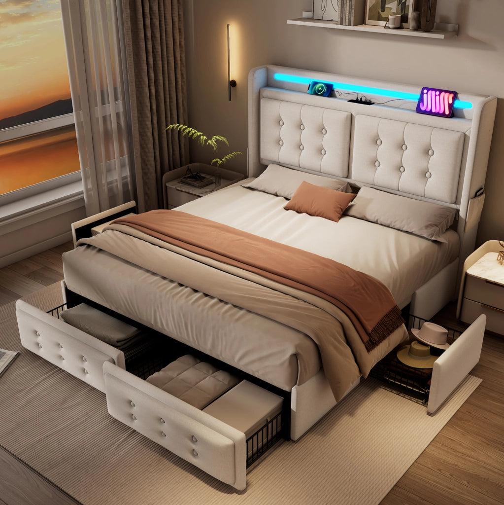 Letto 140x200 cm con LED; USB Type-C; 4 cassetti e rete a doghe; Beige