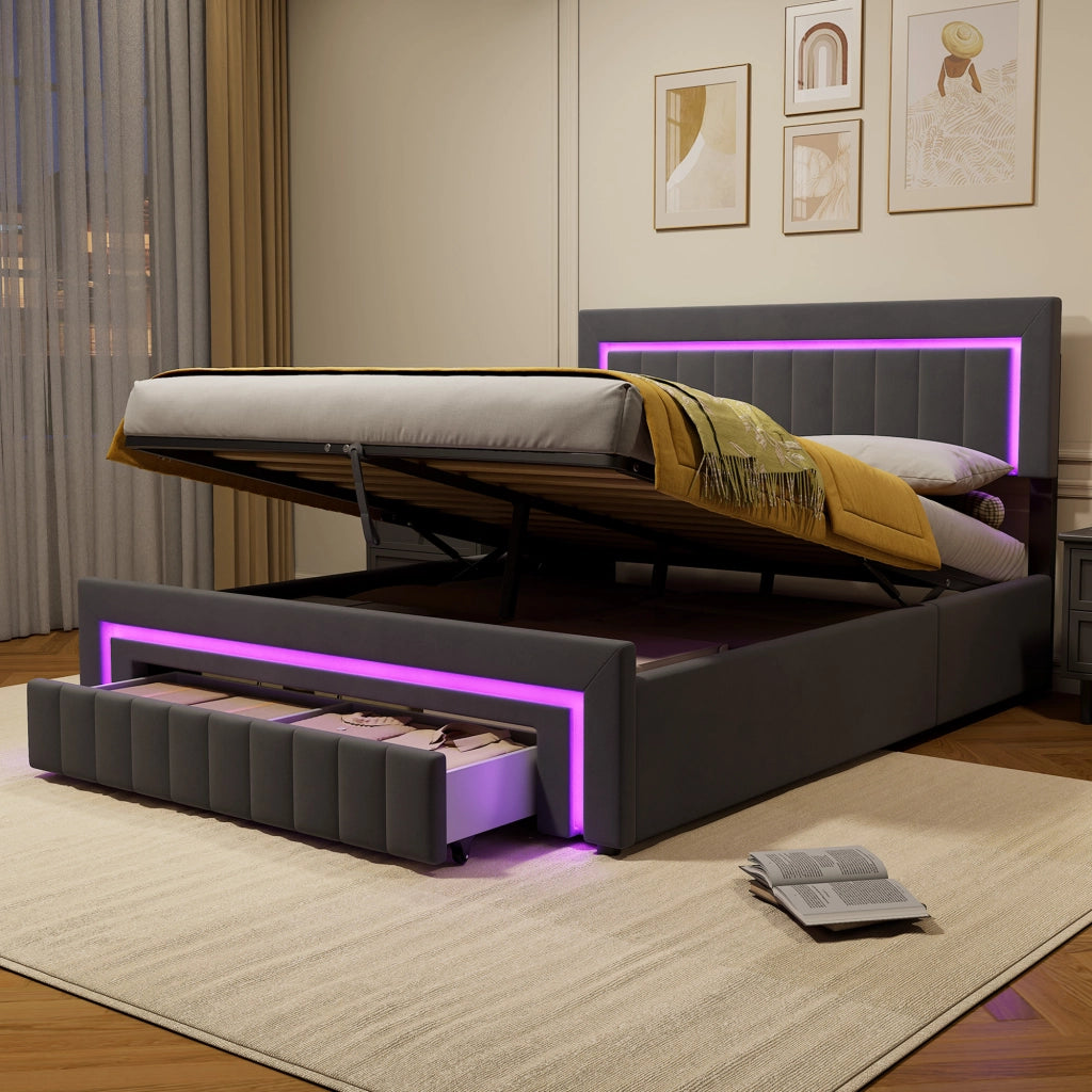 Letto matrimoniale imbottito 160x200 cm grigio scuro in velluto con LED e cassetti