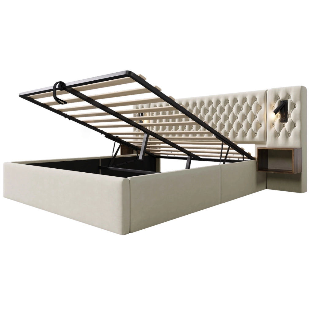 Letto contenitore ULEVR 180x200 cm con 2 comodini, luci LED, USB e Type-C, velluto beige