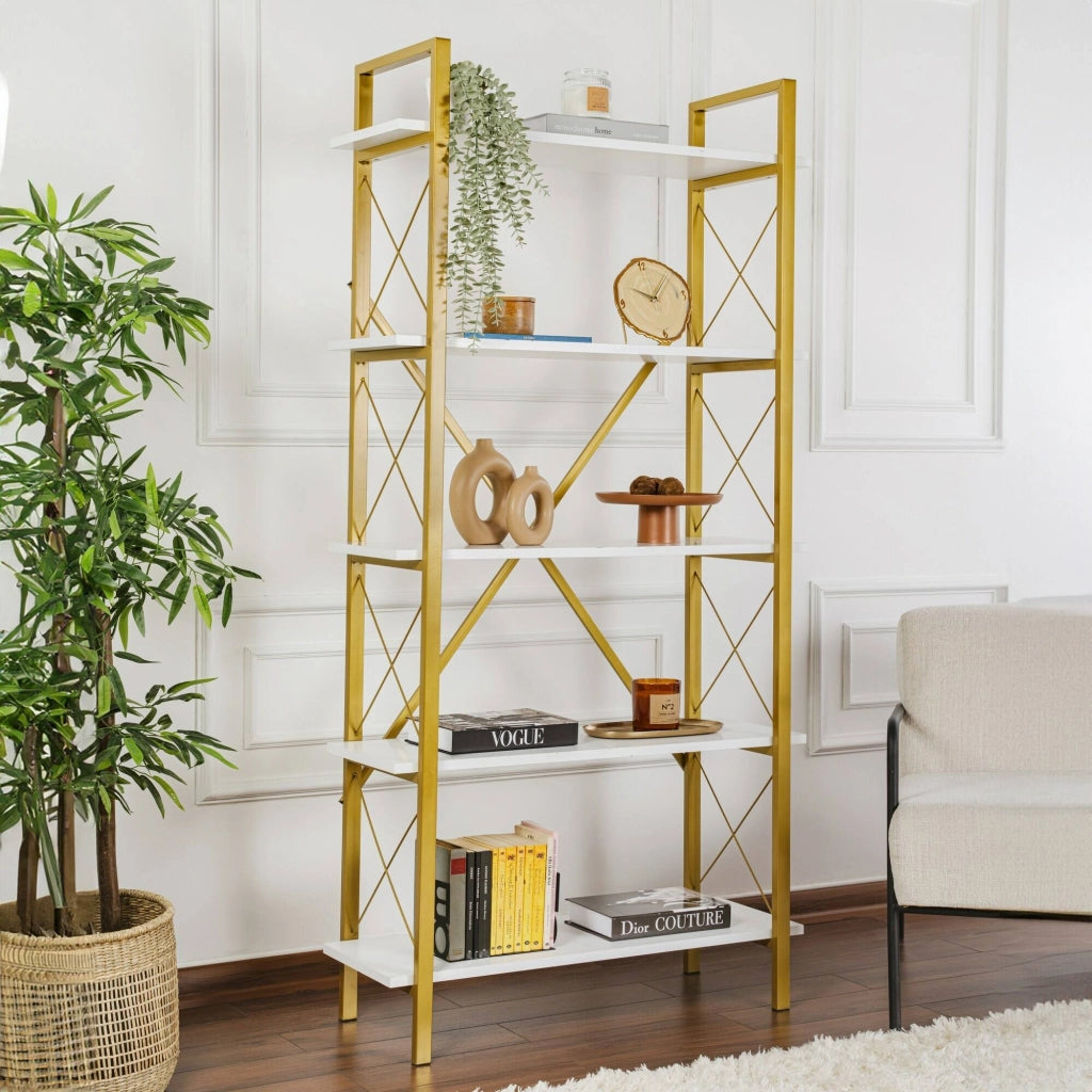 Libreria Suriel, Scaffale da ufficio, Mobile portalibri, Biblioteca, 90x34 h180 cm, Bianco e Oro