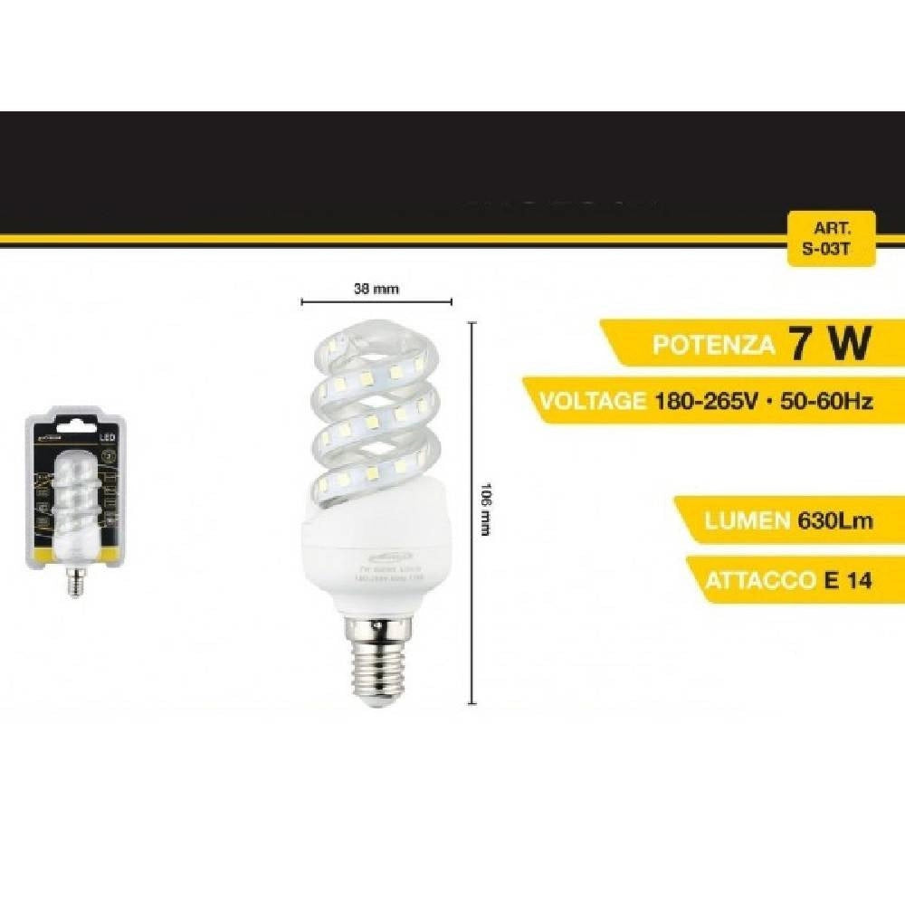Trade Shop - Lampadina Led A Spirale E14 7 W 40d Luce Bianca Fredda Calda Naturale S-03t - -bianco Freddo      -