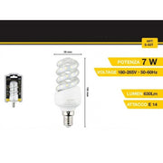 Trade Shop - Lampadina Led A Spirale E14 7 W 40d Luce Bianca Fredda Calda Naturale S-03t - -bianco Freddo      -