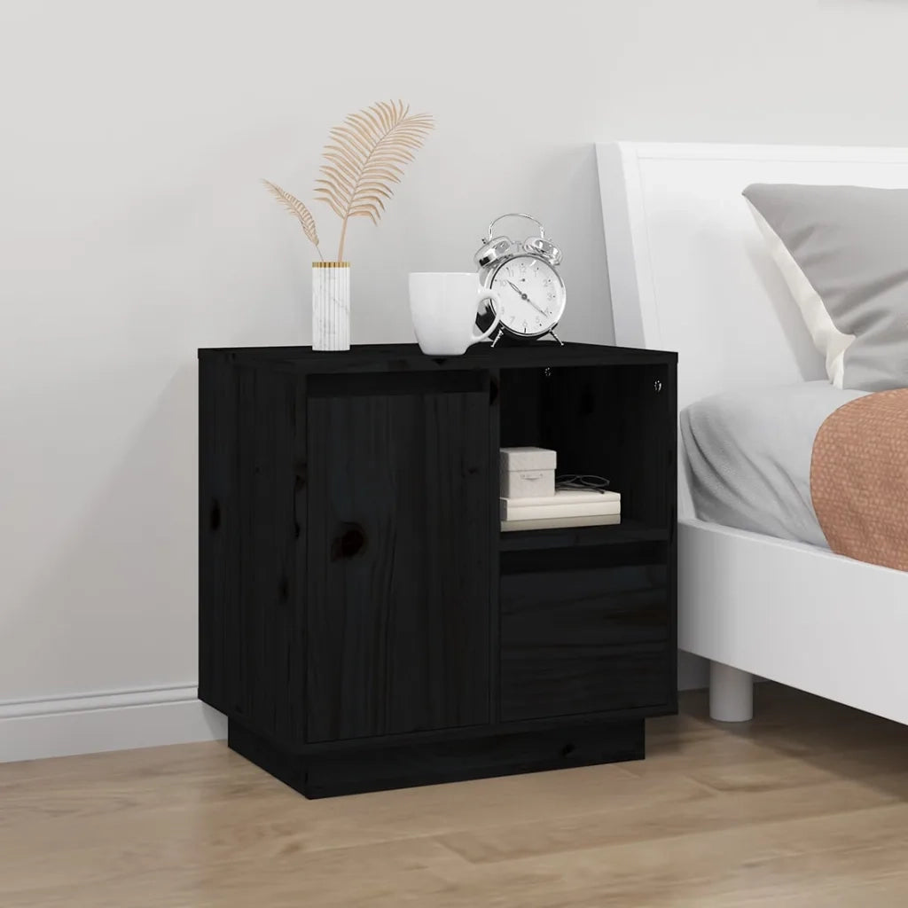 Set di 2 Comodini | Armadio da Notte | Mobiletto da notte Neri 50x34x50 cm in Legno Massello di Pino