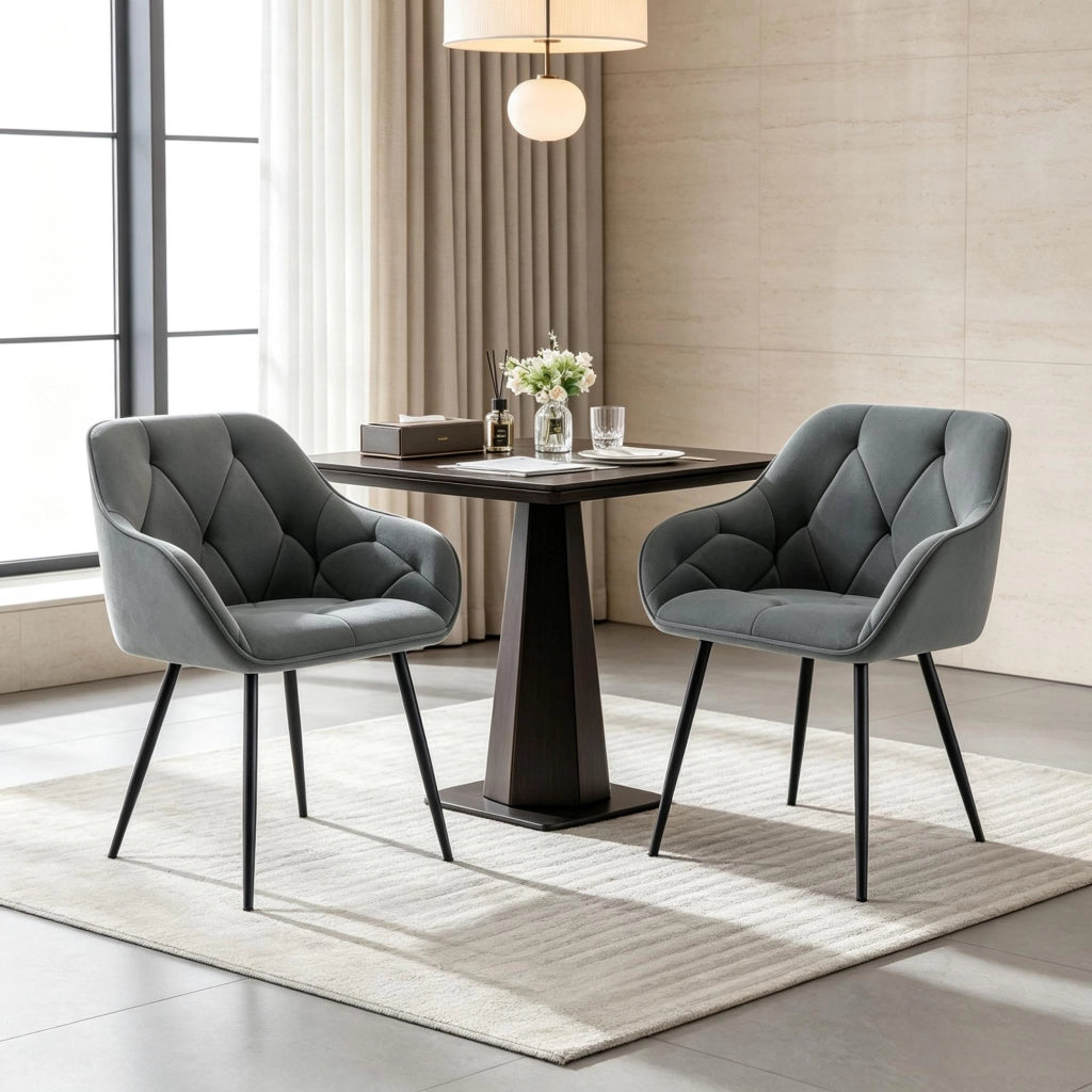 Set 2 sedie da pranzo in velluto grigio scuro con braccioli, schienale ergonomico e gambe in metallo