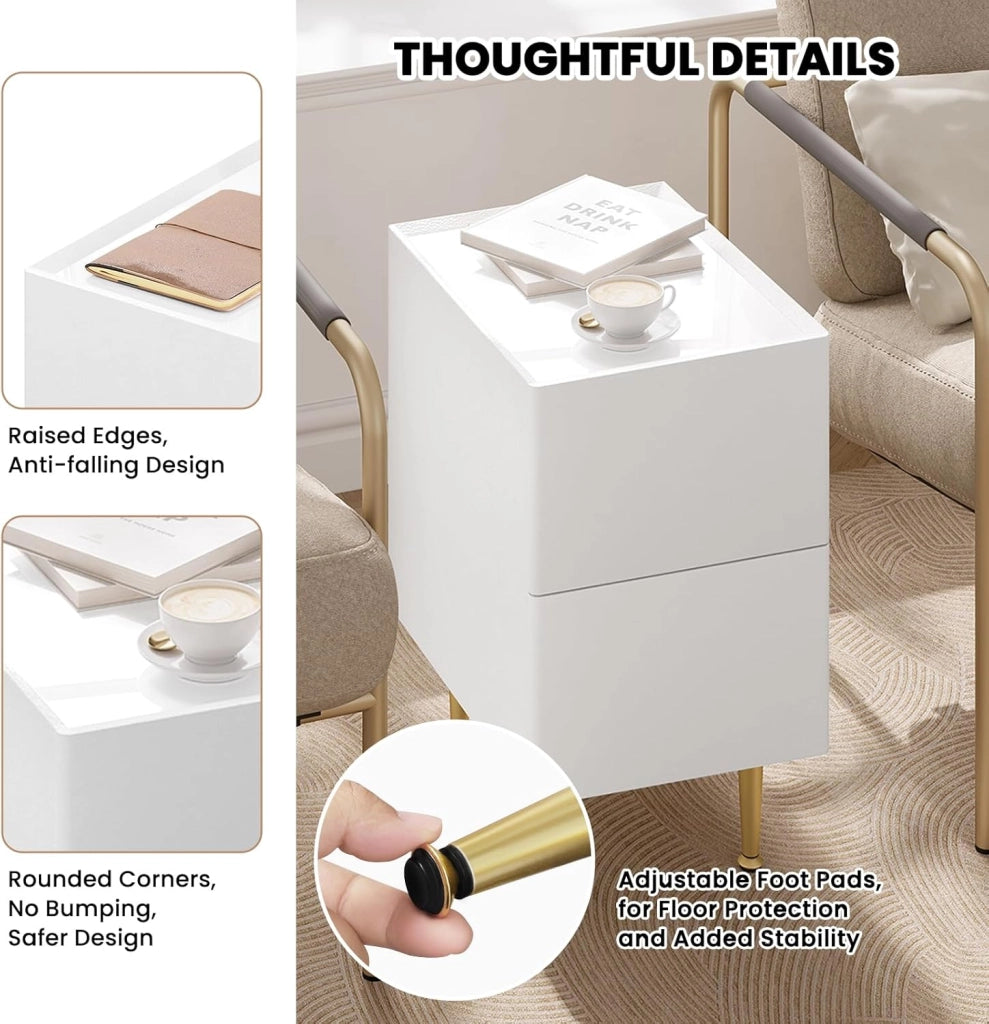 Comodino Camera da Letto, Tavolino da Notte con 2 Cassetti, Piano Lucido, Rivestimento in PVC, 40x30x51cm, Tavolino da Divano, MDF+PVC+Metallo, Bianco+Dorato, NTS10ws02