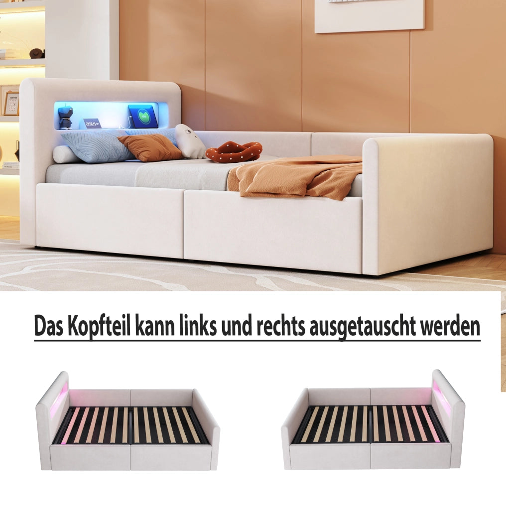 Letto imbottito per bambini 90x200 cm in velluto beige con LED; USB e contenitore idraulico