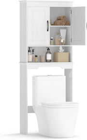 Armadietto per WC con doppia ante, ripiano aperto e ripiano interno regolabile in 5 livelli, armadietto da bagno sopra la toilette, per bagno e lavanderia, 63 x 24 x 168 cm
