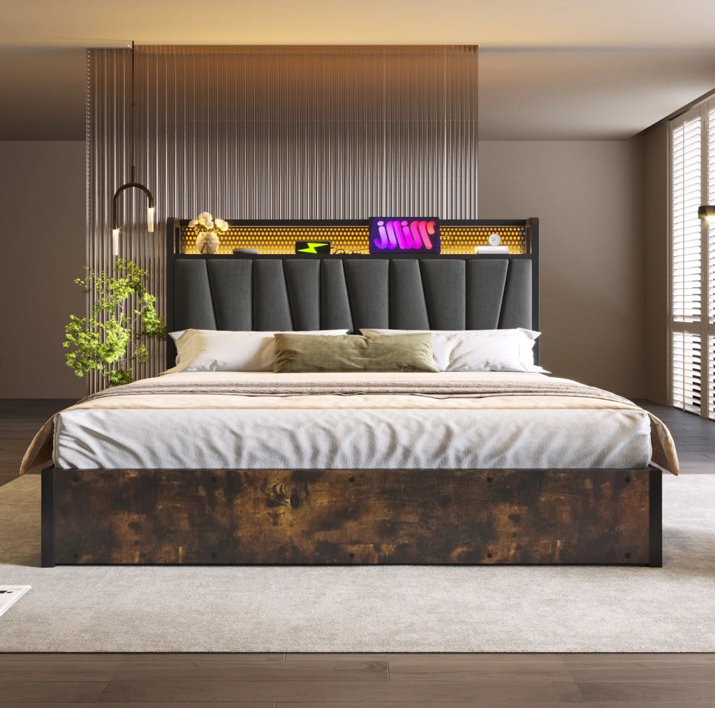 Letto matrimoniale 180x200 cm con LED; USB e contenitore; grigio