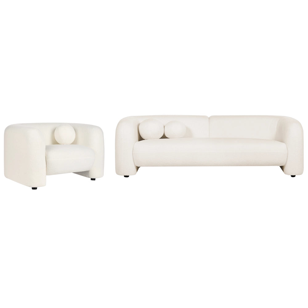 Set da salotto composto da divano e poltrona in bouclè bianco 4 posti con cuscini aggiuntivi stile glamour retrò soggiorno
