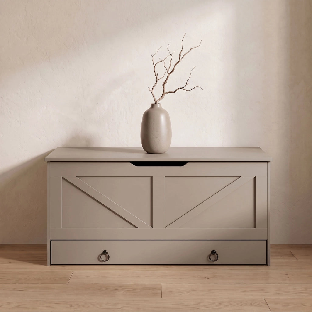 Kura - Cassapanca contenitore 100x50x40 cm Portaoggetti con Cerniere di Sicurezza e con Cassettiera in Legno Tortora