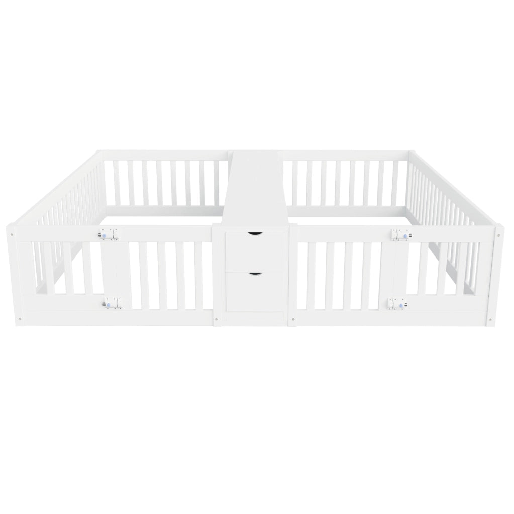 Letto 90x200 cm con ripiani e cassetti; sponde alte in legno bianco