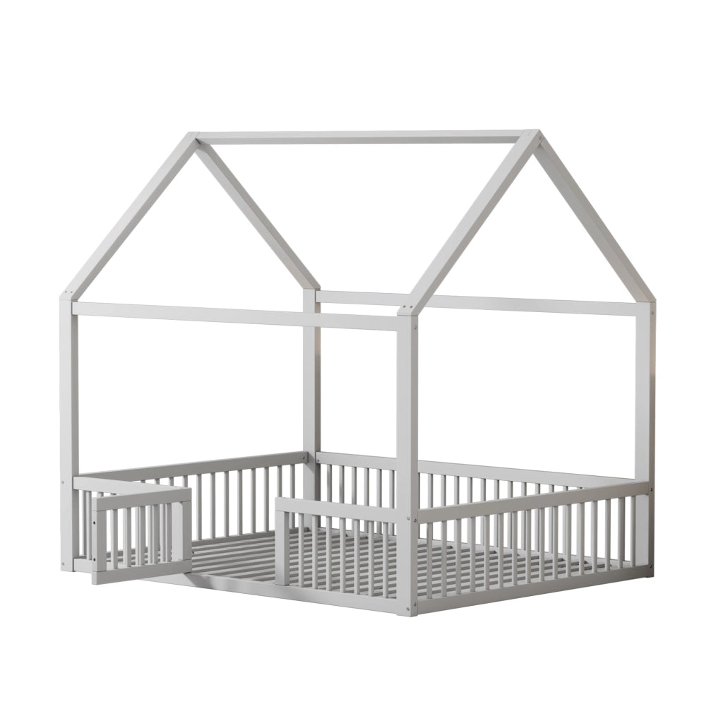 Letto a casetta 140x200 cm con sbarre di sicurezza; legno; bianco