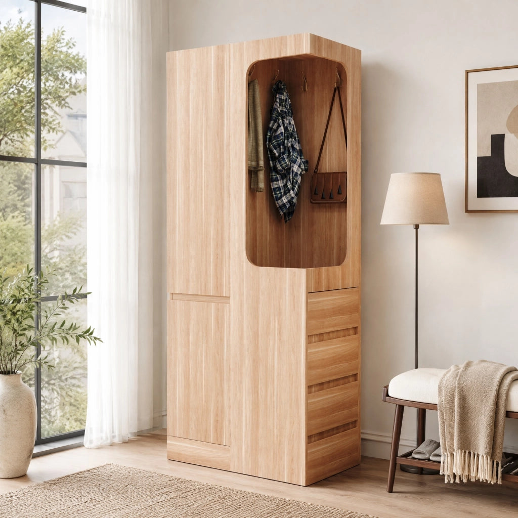 ARMADIO con 1 porta, 4 cassetti, 70 x 40 x 170 cm, Legno naturale