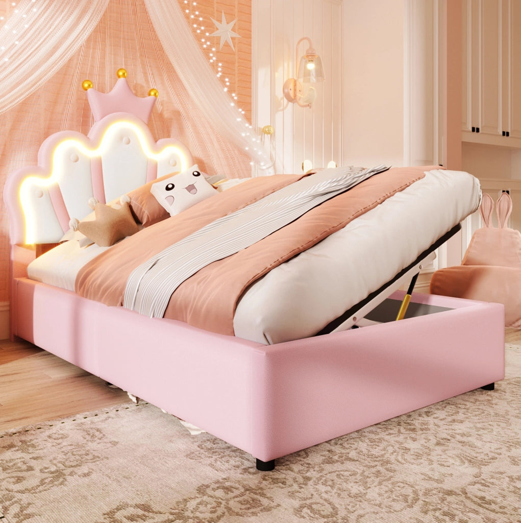 Letto imbottito 90x200 cm in PU rosa con testiera regolabile; LED e contenitore idraulico