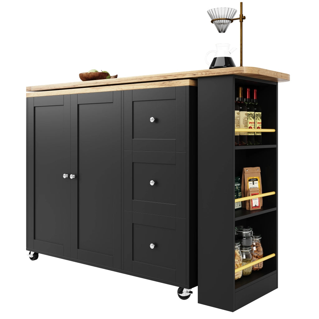 OKWISH Mobile Bar con 2 Ante 3 Cassetti e 3 Ripiani, Girevole a 360° e con Ruote, per Cucina e Sala da Pranzo, Nero