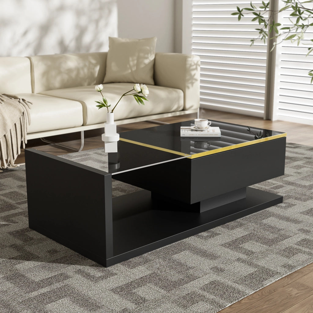 Tavolino Da Caffè 100 cm con Piano in Vetro e LED 16 Colori con App Bluetooth; Nero Lucido; in Truciolare; 100×50×32;5 cm