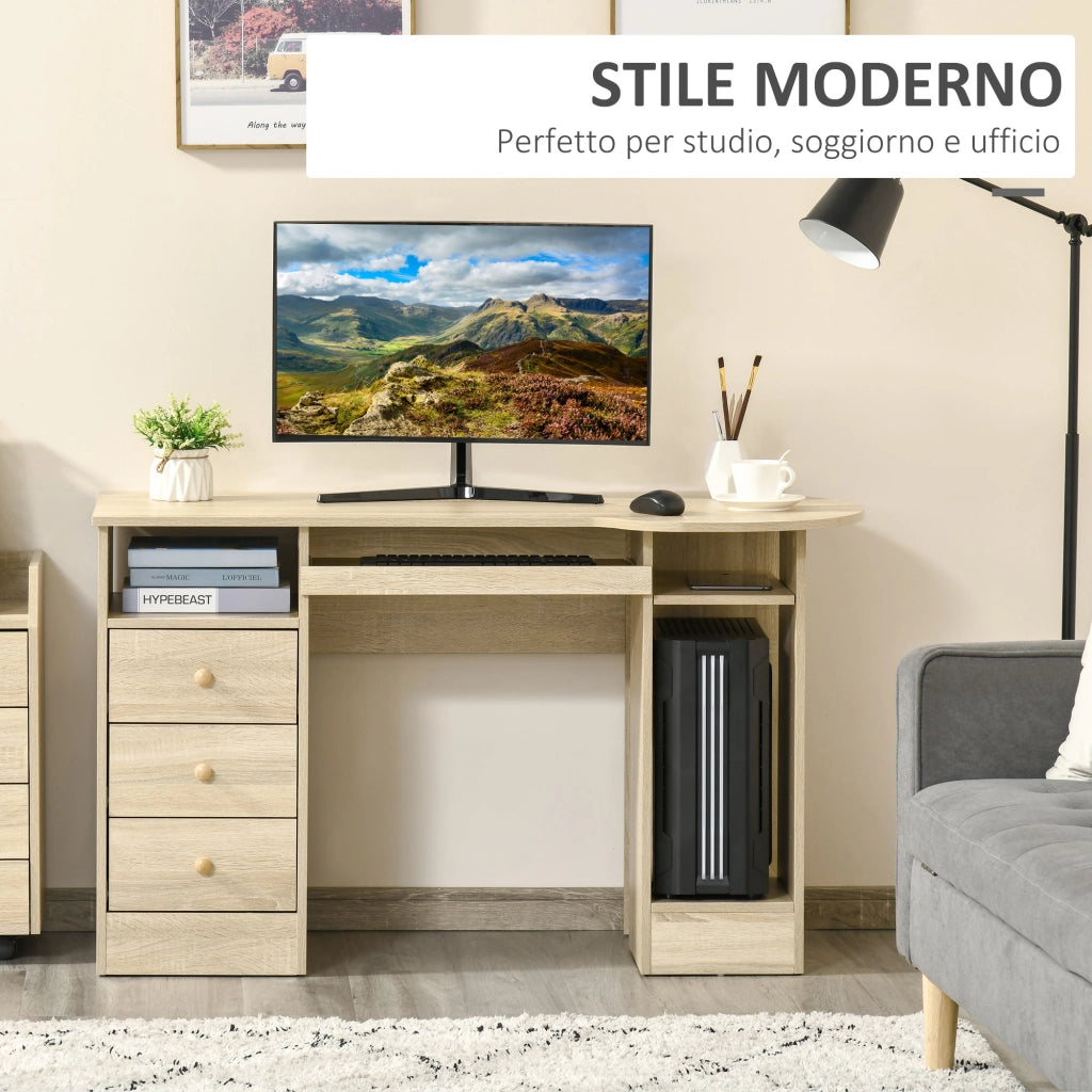 EasyComfort Scrivania da PC per Ufficio con Scaffali, Cassetti e Ripiano Testiera in Legno, 125x60x74cm
