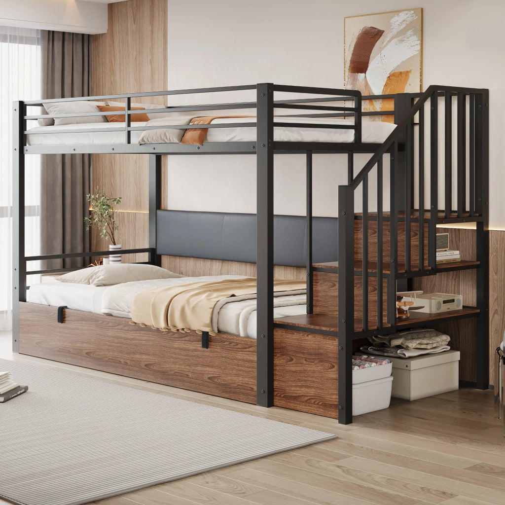 Letto a soppalco 90 × 200 cm con contenitore idraulico, scala con vani portaoggetti, sponde alte, senza materasso
