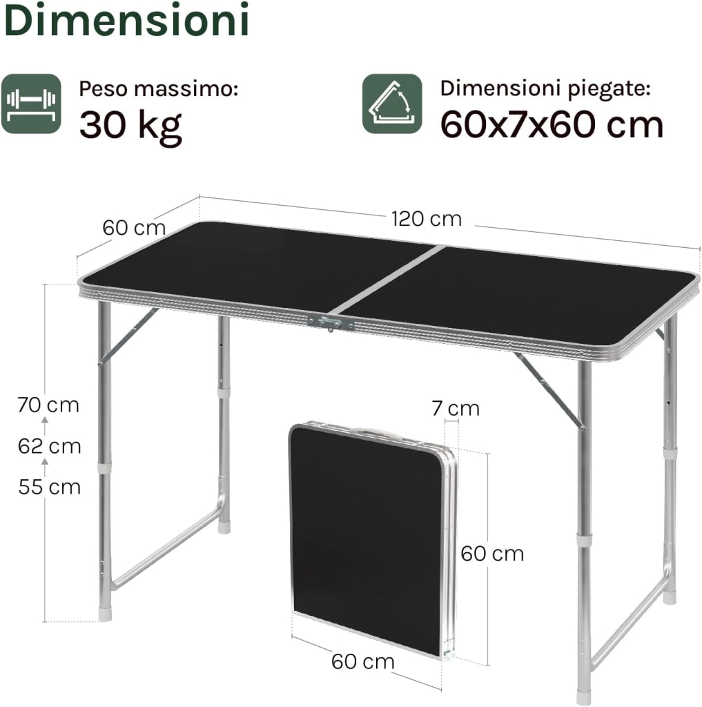 Tavolo da Campeggio Pieghevole Portatile con Maniglia per Picnic Giardino Altezza Regolabile in Alluminio MDF 120x60x55/70cm