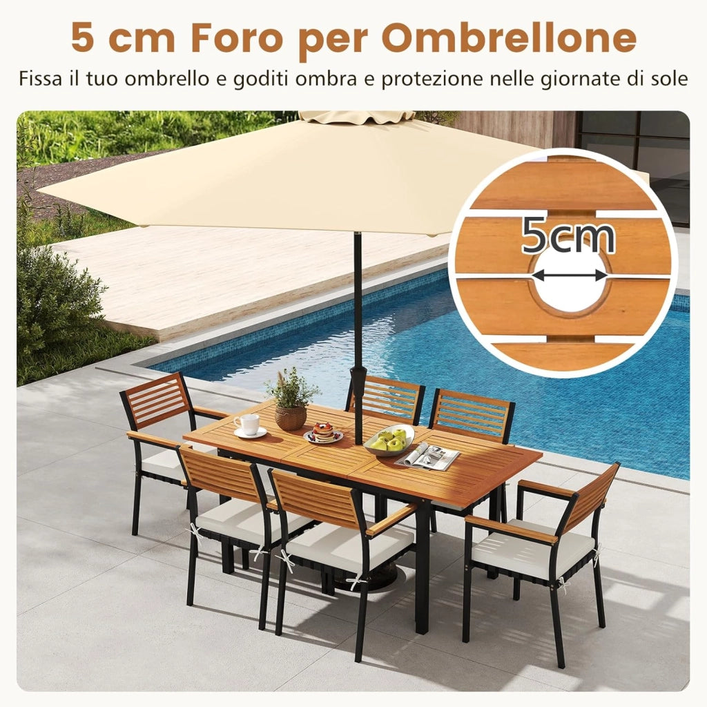 Tavolo Allungabile e 6 Sedie da Esterno, Pranzo da Giardino in Legno Massello, Tavolo con Foro per Ombrellone e Poltrone con Cuscini, Schienale e Braccioli, per Balcone e Cortile