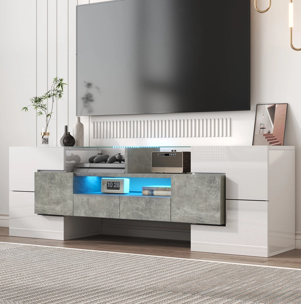 Mobile TV 145x30x51 cm; LED multicolore e grande capienza; pannello truciolare; bianco