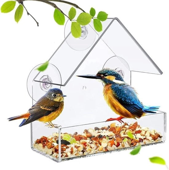 Casa alimentare per uccelli con finestra, morsetto rimovibile, scorrevole, trasparente, tavolo alimentare, semi, noci, installazione da giardino (triangolari)