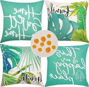 Set di Cuscini Waterresistenti Premium a 4 pezzi - Fiori Tropicali e Lettere - Decorazione di Stile Rurale Boho - Bancone Esterno Giardino Balcone - 45 x 45 cm - Verde