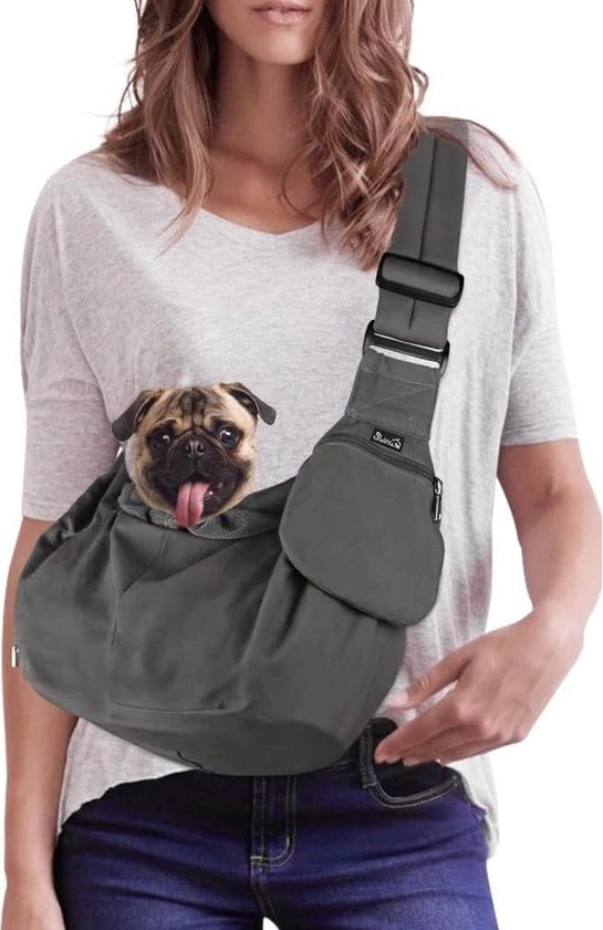 Draagtas per cani, portacani senza mani con sostegno di base, portacani comodo con cinturino a spalla regolabile e tasca con zip per piccoli cani, gatti, esterno, viaggi