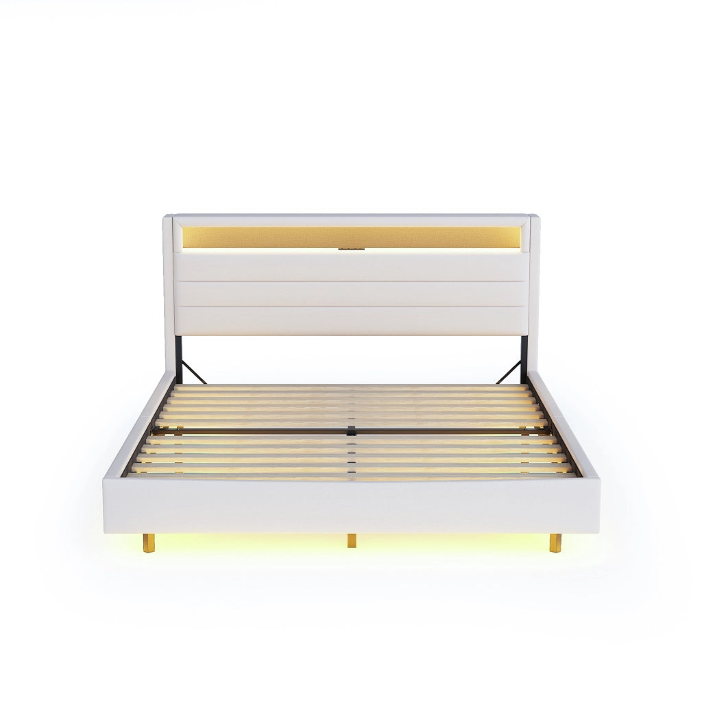 OKWISH Letto Imbottito 160×200 cm, Letto Matrimoniale con Presa USB, LED Regolabile e Testiera Reversibile, senza Materasso, Beige