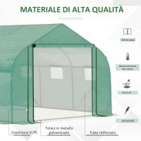 Serra a Tunnel con Copertura PE e Struttura in Acciaio, Porta Avvolgibile e 6 Finestre, 3.5x3x2m, Verde