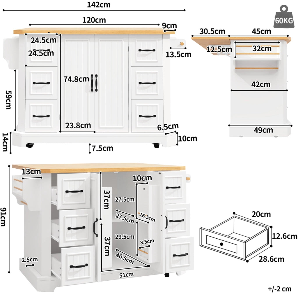 Isola da cucina mobile con 2 ante e 6 cassetti, MDF bianco/nero, 120x45x91 cm