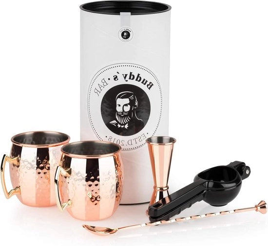 Set di bicchieri da cocktail Moscow Mule 500 ml - 2 pezzi - inclusa coda di bar e sfera di limone - bicchieri da cocktail in rilievo di coperchio di rame - adatto per alimenti - confezione regalo