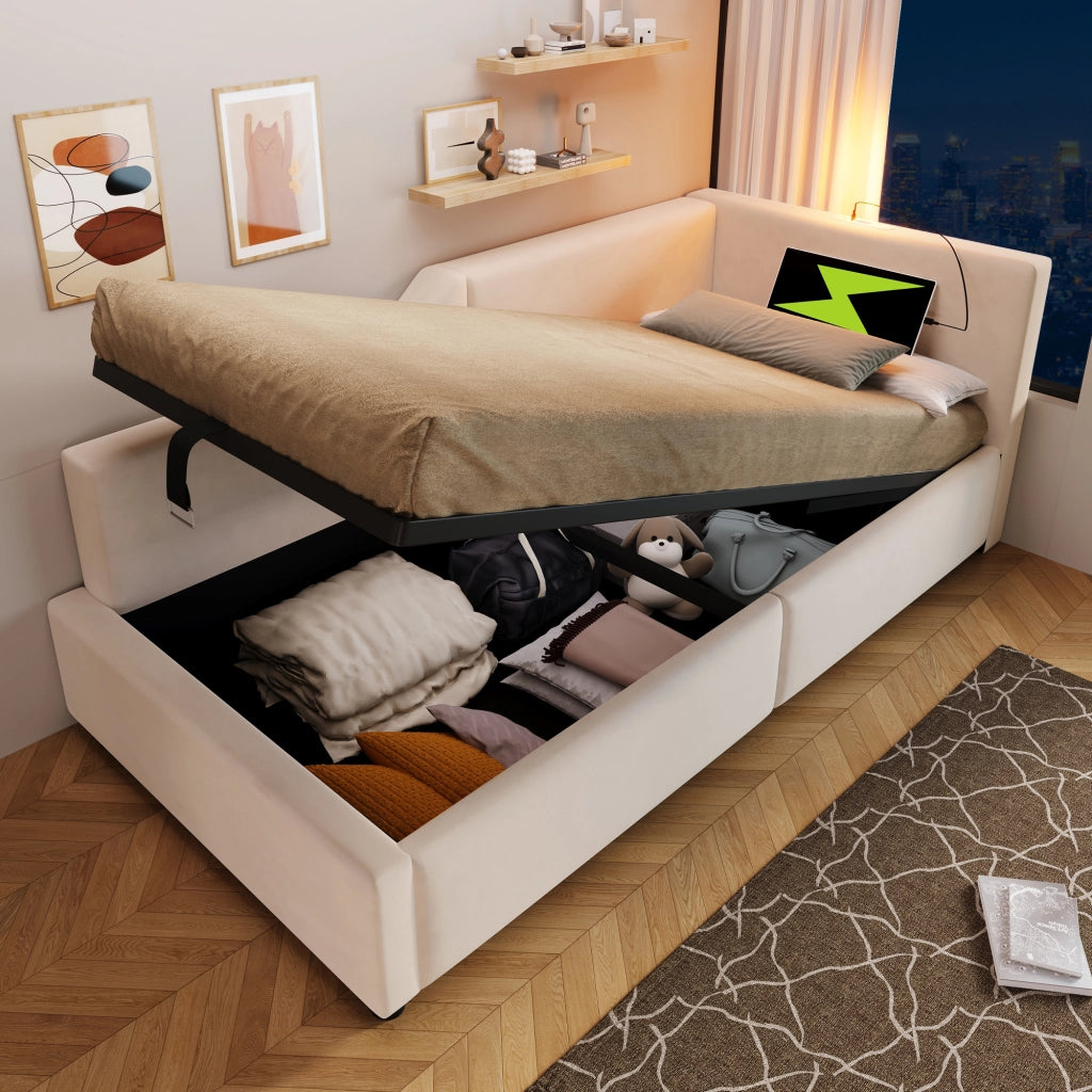 Letto a giorno imbottito 90x200 cm in velluto beige con contenitore idraulico, luce lettura e USB-C