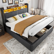 Letto imbottito 160x200 cm grigio con LED, USB e vano contenitore
